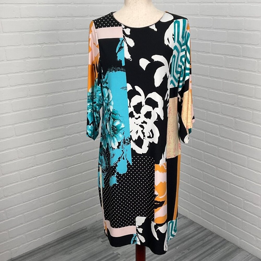 Chicos Dress Women 1‎ 8-10 Medium Black Turquoise Blue Abstract Shift Liquid